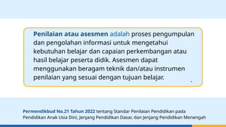 Penilaian atau asesmen adalah proses pengumpulan
dan pengolahan informasi untuk mengetahui
kebutuhan belajar dan capaian perkembangan atau
hasil belajar peserta didik. Asesmen dapat
menggunakan beragam teknik dan/atau instrumen
penilaian yang sesuai dengan tujuan belajar. .
Permendikbud No.21 Tahun 2022 tentang Standar Penilaian Pendidikan pada
Pendidikan Anak Usia Dini, Jenjang Pendidikan Dasar, dan Jenjang Pendidikan Menengah
 