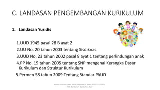 C. LANDASAN PENGEMBANGAN KURIKULUM
1. Landasan Yuridis
1.UUD 1945 pasal 28 B ayat 2
2.UU No. 20 tahun 2003 tentang Sisdiknas
3.UUD No. 23 tahun 2002 pasal 9 ayat 1 tentang perlindungan anak
4.PP No. 19 tahun 2005 tentang SNP mengenai Kerangka Dasar
Kurikulum dan Struktur Kurikulum
5.Permen 58 tahun 2009 Tentang Standar PAUD
Rosita Kristiana Dewi. PAUD Semester 5. NIM: 8620712152305.
MK: Kurikulum dan Bahan Ajar
 