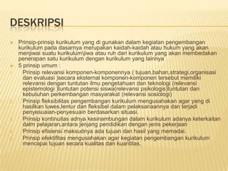 DESKRIPSI
    Prinsip-prinsip kurikulum yang di gunakan dalam kegiatan pengembangan
     kurikulum pada dasarnya merupakan kaidah-kaidah atau hukum yang akan
     menjiwai suatu kurikulumjiwa atau ruh dari kurikulum yang akan membedakan
     penerapan satu kurikulum dengan kurikulum yang lainnya
    5 prinsip umum :
1.     Prinsip relevansi komponen-komponennya ( tujuan,bahan,strategi,organisasi
       dan evaluasi )secara eksternal komponen-komponen tersebut memiliki
       relevansi dengan tuntutan ilmu pengetahuan dan teknologi (relevansi
       epistemologi )tuntutan potensi siswa(relevansi psikologis)tuntutan dan
       kebutuhan perkembangan masyarakat (relevansi sosiologi)
2.     Prinsip fleksibilitas pengembangan kurikulum mengusahakan agar yang di
       hasilkan luwes,lentur dan fleksibel dalam pelaksanaannya dan terjadi
       penyesuaian-penyesuain berdasarkan situasi.
3.     Prinsip kontinuitas adnya kesinambungan dalam kurikulum adanya keterkaitan
       dalm pelajaran,antara jenjang pendidikan dengan jenis pekerjaan
4.     Prinsip efisiensi maksudnya ada tujuan dan hasil yang memadai.
5.     Prinsip efektifitas mengusahakan agar kegiatan pengembangan kurikulum
       mencapai tujuan secara kualitas dan kuantitas.
 
