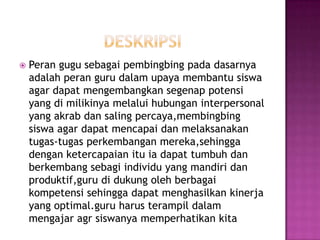    Peran gugu sebagai pembingbing pada dasarnya
    adalah peran guru dalam upaya membantu siswa
    agar dapat mengembangkan segenap potensi
    yang di milikinya melalui hubungan interpersonal
    yang akrab dan saling percaya,membingbing
    siswa agar dapat mencapai dan melaksanakan
    tugas-tugas perkembangan mereka,sehingga
    dengan ketercapaian itu ia dapat tumbuh dan
    berkembang sebagi individu yang mandiri dan
    produktif,guru di dukung oleh berbagai
    kompetensi sehingga dapat menghasilkan kinerja
    yang optimal.guru harus terampil dalam
    mengajar agr siswanya memperhatikan kita
 