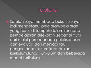    Setelah saya membaca buku itu saya
    jadi mengetahui pelajaran-pelajaran
    yang harus di tempuh dalam rencana
    pembelajaran disekolah .sebagai guru
    dari mulai perencanaan pelaksanaan
    dan evaluasi.dan menjadi tau
    pengertian kurikulum,kedudukan
    kurikulum,fungsi kurikulum.dan beberapa
    model kurikulum.
 