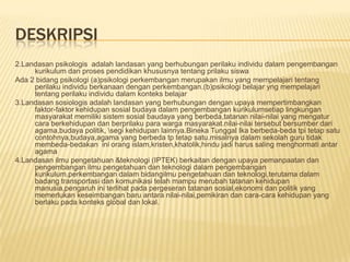 DESKRIPSI
2.Landasan psikologis adalah landasan yang berhubungan perilaku individu dalam pengembangan
     kurikulum dan proses pendidikan khususnya tentang prilaku siswa
Ada 2 bidang psikologi (a)psikologi perkembangan merupakan ilmu yang mempelajari tentang
     perilaku individu berkanaan dengan perkembangan.(b)psikologi belajar yng mempelajari
     tentang perilaku individu dalam konteks belajar
3.Landasan sosiologis adalah landasan yang berhubungan dengan upaya mempertimbangkan
     faktor-faktor kehidupan sosial budaya dalam pengembangan kurikulumsetiap lingkungan
     masyarakat memiliki sistem sosial baudaya yang berbeda,tatanan nilai-nilai yang mengatur
     cara berkehidupan dan berprilaku para warga masyarakat.nilai-nilai tersebut bersumber dari
     agama,budaya politik, segi kehidupan lainnya.Bineka Tunggal Ika berbeda-beda tpi tetap satu
     contohnya,budaya,agama yang berbeda tp tetap satu.misalnya dalam sekolah guru tidak
     membeda-bedakan ini orang islam,kristen,khatolik,hindu jadi harus saling menghormati antar
     agama
4.Landasan ilmu pengetahuan &teknologi (IPTEK) berkaitan dengan upaya pemanpaatan dan
     pengembangan ilmu pengetahuan dan teknologi dalam pengembangan
     kurikulum.perkembangan dalam bidangilmu pengetahuan dan teknologi,terutama dalam
     badang transportasi dan komunikasi telah mampu merubah tatanan kehidupan
     manusia,pengaruh ini terlihat pada pergeseran tatanan sosial,ekonomi dan politik yang
     memerlukan keseimbangan baru antara nilai-nilai,pemikiran dan cara-cara kehidupan yang
     berlaku pada konteks global dan lokal.
 