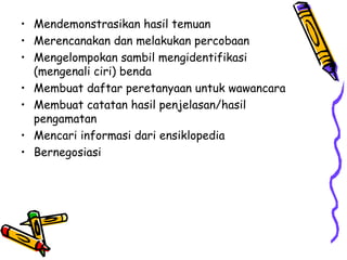 Mendemonstrasikan hasil temuan Merencanakan dan melakukan percobaan  Mengelompokan sambil mengidentifikasi (mengenali ciri) benda  Membuat daftar peretanyaan untuk wawancara  Membuat catatan hasil penjelasan/hasil pengamatan  Mencari informasi dari ensiklopedia  Bernegosiasi 