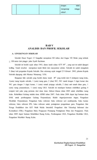Kurikulum Tingkat Satuan Pendidikan
SD Negeri 13 Sungailiat
21
dengan tidak
mengurangi minggu
efektif .
BAB V
ANALISIS DAN PROFIL SEKOLAH
A. LINGKUNGAN SEKOLAH
Sekolah Dasar Negeri 13 Sungailiat merupakan SD imbas dari Gugus VII Melur yang terletak
+ 100 meter dari pinggir jalan Syafri Rachman.
Sekolah ini berdiri sejak tahun 1983, diatas tanah seluas 4275 𝑀2
, yang saat ini sudah dipagari
keliling. Tanah tersebut merupakan tanah hibah dari masyarakat sekitar. Sekolah ini sudah mengalami
5 (lima) kali pergantian Kepala Sekolah. Dan sekarang sejak tanggal 23 Februari 2003, jabatan Kepala
Sekolah dipegang oleh Marince Manurung, S.Pd.
Bangunan fisik sekolah yang berdiri diatas tanah 𝑀2
yang terdiri dari 8 (delapan) ruang kelas,
1(satu) ruang kepala sekolah, 1 (satu) ruang guru, 2 (dua) WC; WC murid dengan 3 (tiga) kamar dan
WC guru dengan 3 (tiga) kamar, 1 (satu) rumah penjaga sekolah, 2 (dua) unit rumah dinas guru, 1
(satu) ruang perpustakaan, 1 (satu) ruang UKS. Sekolah ini mendapat bantuan rehabilitasi gedung 4
(empat) kali yaitu yang pertama dari dana dana Alokasi khusus tahun 2005 untuk rehabilitas ruang
kelas. Rehabilitasi Gedung melalui dana APBD tahun 2007. Pada tahun 2008 dapat lagi bantuan dana
DAK untuk pembangunan Gedung Perpustakaan; Rehab ringan/perawatan ringan; Pengadaan
Moubilair Perpustakaan; Pengadaan buku referensi: buku referensi seri ensiklopedia, buku kamus
referensi, buku referensi IPS, buku referensi untuk peningkatan pengetahuan guru; Pengadaan Alat
Peraga Pendidikan dan KIT Multi Media Interaktif; Pengadaan Alat Teknologi Informasi dan
Komunikasi (TIK); Pengadaan Buku Pengayaan Penunjang Peningkatan Mutu dan Pengajaran. Pada
tahun 2009 dapat bantuan Rehabilitasi Ruang Kelas, Pembangunan UKS, Pengadaan Meubiliar UKS,
Pengadaan Meubilair Ruang Kelas.
 