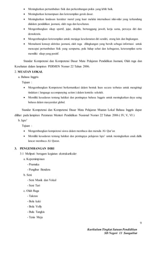 Kurikulum Tingkat Satuan Pendidikan
SD Negeri 13 Sungailiat
9
 Meningkatkan pertumbuhan fisik dan perkembangan psikis yang lebih baik.
 Meningkatkan kemampuan dan keterampilan gerak dasar.
 Meningkatkan landasan karakter moral yang kuat melalui internalisasi nilai-nilai yang terkandung
didalam pendidikan jasmani, olah raga dan kesehatan.
 Mengembangkan sikap sportif, jujur, disiplin, bertanggung jawab, kerja sama, percaya diri dan
demokratis.
 Mengembangkan keterampilan untuk menjaga keselamatan diri sendiri, orang lain dan lingkungan.
 Memahami konsep aktivitas jasmani, olah raga dilingkungan yang bersih sebagai informasi untuk
mencapai pertumbuhan fisik yang sempurna, pola hidup sehat dan kebugaran, keterampilan serta
memiliki sikap yang positif.
Standar Kompetensi dan Kompetensi Dasar Mata Pelajaran Pendidikan Jasmani, Olah raga dan
Kesehatan dalam lampiran PERMEN Nomor 22 Tahun 2006.
2. MUATAN LOKAL
a. Bahasa Inggris
Tujuan :
 Mengembangkan Kompetensi berkomunikasi dalam bentuk lisan secara terbatas untuk mengiringi
tindakan ( language accompanying action ) dalam konteks sekolah.
 Memiliki kesadaran tentang hakikat dan pentingnya bahasa Inggris untuk meningkatkan daya saing
bahasa dalam masyarakat global.
Standar Kompetensi dan Kompetensi Dasar Mata Pelajaran Muatan Lokal Bahasa Inggris dapat
dilihat pada lampiran Peraturan Menteri Pendidikan Nasional Nomor 22 Tahun 2006 ( IV, V, VI )
b. Iqro’
Tujuan :
 Mengembangkan kompetensi siswa dalam membaca dan menulis Al- Qur’an
 Memiliki kesadaran tentang hakikat dan pentingnya pelajaran Iqro’ untuk meningkatkan anak didik
lancar membaca Al- Quran.
3. PENGEMBANGAN DIRI
3.1 Meliputi beragam kegiatan ekstrakurikuler
a. Kepemimpinan
- Pramuka
- Pengibar Bendera
b. Seni
- Seni Musik dan Vokal
- Seni Tari
c. Olah Raga
- Takraw
- Bola kaki
- Bola Volly
- Bulu Tangkis
- Tenis Meja
 