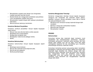•   Menyelesaikan masalah sukar dengan cara menganalisa              Kemahiran Menggunakan Teknologi
    masalah yang lebih kecil dan khusus.
                                                                     Kemahiran menggunakan teknologi merujuk kepada keupayaan
•   Bersifat terbuka dan menggunakan pendekatan yang berbeza
                                                                     mengguna dan mengendali alat matematik seperti abakus,
    untuk menyelesaikan masalah yang sama.
                                                                     kalkulator, komputer, perisian pendidikan, laman web di Internet
•   Menyelesaikan masalah dengan yakin walaupun penyelesaian
                                                                     dan pakej pembelajaran untuk:
    tidak ketara.
                                                                     • Membentuk dan memahami konsep matematik dengan lebih
•   Meminta bantuan sekiranya memerlukan.
                                                                         mendalam.
Kemahiran Membuat Penyelidikan                                       • Membuat, menguji dan membuktikan konjektur.
                                                                     • Meneroka idea matematik.
Kemahiran membuat penyelidikan merujuk kepada keupayaan              • Menyelesaikan masalah.
seperti berikut:
• Merujuk nota, buku teks dan bahan sumber yang lain.
• Mengakses buku di perpustakaan.                                    PROSES
• Menggunakan pengkalan data.
                                                                     Berkomunikasi
• Mendapatkan maklumat dari pelbagai individu.
• Berfikir.                                                          Komunikasi tentang idea matematik dapat membantu murid
                                                                     menjelaskan dan memperkukuhkan pemahaman matematik.
Kemahiran Berkomunikasi                                              Perkongsian pemahaman matematik secara penulisan dan lisan
                                                                     dengan rakan sekelas, guru dan ibu bapa, murid akan dapat
Kemahiran berkomunikasi merujuk kepada keupayaan seperti             meningkatkan keyakinan diri dan memudahkan guru memantau
berikut:                                                             perkembangan kemahiran matematik mereka.
• Mendengar secara berkesan.
• Menulis idea matematik secara tepat dan jelas.                     Komunikasi memainkan peranan yang penting dalam memastikan
                                                                     pembelajaran matematik yang bermakna. Melalui komunikasi, idea
• Menulis esei dan pelaporan.
                                                                     matematik dapat diluahkan dan difahami dengan lebih baik.
• Membuat pembentangan.                                              Komunikasi secara matematik, sama ada secara lisan, penulisan
                                                                     atau menggunakan simbol dan perwakilan visual (dengan
                                                                     menggunakan carta, graf, gambar rajah dan lain-lain), dapat
                                                                     membantu murid memahami dan mengaplikasikan matematik
                                                                     dengan lebih efektif.

                                                               xiv
 