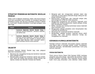 STRUKTUR PENDIDIKAN MATEMATIK SEKOLAH                                       •   Mengenal pasti dan menggunakan perkaitan dalam idea
RENDAH                                                                          matematik, di antara bidang matematik dengan bidang lain dan
                                                                                dengan kehidupan harian.
Setiap murid di Malaysia berpeluang melalui sekurang-kurangnya              •   Berkomunikasi menggunakan idea matematik dengan jelas
enam tahun pendidikan asas di sekolah. Ini merangkumi tiga tahun                serta penggunaan simbol dan istilah yang betul.
pendidikan di tahap I dan tiga tahun pendidikan di tahap II. Setelah        •   Menggunakan pengetahuan dan kemahiran matematik untuk
itu, murid boleh mengikuti pendidikan di peringkat pengajian yang               diaplikasi dan membuat penyesuaian kepada pelbagai strategi
lebih tinggi.                                                                   bagi menyelesaikan masalah.
                                                                            •   Berfikir, menaakul dan membuat penerokaan secara matematik
    TAHAP                           TUJUAN                                      dalam kehidupan harian.
                                                                            •   Menggunakan pelbagai perwakilan untuk menyampaikan idea
      I        Kurikulum Matematik Sekolah Rendah Tahap I                       matematik dan perkaitannya.
               bertujuan membina kefahaman, kemahiran matematik             •   Menghargai dan menghayati keindahan matematik.
               dan aplikasi asas.
                                                                            •   Menggunakan pelbagai peralatan matematik secara efektif
                                                                                termasuk TMK untuk membina kefahaman konsep dan
      II       Kurikulum Matematik Sekolah Rendah Tahap II                      mengaplikasi ilmu matematik.
               bertujuan membina kefahaman, kemahiran matematik
               dan aplikasi yang lebih kompleks di kalangan murid
               supaya dapat digunakan dalam menangani cabaran
               dalam kehidupan seharian secara berkesan.                    KERANGKA KURIKULUM MATEMATIK
                                                                            Kerangka kurikulum matematik menunjukkan program matematik
                                                                            yang diguna pakai di peringkat sekolah rendah. Pembelajaran
                                                                            matematik dirancang bermatlamatkan pembentukan murid yang
OBJEKTIF                                                                    berfikrah matematik.
Kurikulum Standard Sekolah Rendah           bagi   mata   pelajaran
Matematik membolehkan murid:
                                                                            FIKRAH MATEMATIK
•   Memahami dan mengaplikasi konsep dan kemahiran matematik
    dalam pelbagai konteks.                                                 Fikrah menurut Kamus Dewan Edisi Keempat (2005) membawa
•   Memperluaskan penggunaan kemahiran operasi asas tambah,                 pengertian yang sama dengan daya berfikir dan pemikiran. Dalam
    tolak, darab dan bahagi yang berkaitan dengan Nombor dan                konteks pendidikan matematik, fikrah matematik merujuk kepada
    Operasi, Sukatan dan Geometri, Perkaitan dan Statistik.                 kualiti murid yang dihasratkan untuk dilahirkan melalui sistem

                                                                       xi
 