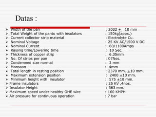 Datas :
 Width of the pan : 2032 + 10 mm
 Total Weight of the panto with insulators : 150kg(appx.)
 Current collector strip material : Electrolyte Cu.
 Nominal Voltage : 25 KV AC/1500 V DC
 Nominal Current : 60/1100Amps
 Raising time/Lowering time : 10 Sec.
 Thickness of copper strip : 6.35mm
 No. Of strips per pan : 07Nos.
 Condemned size normal : 3 mm
 Monsoon : 4mm
 Total length in resting position : 2370 mm. +10 mm.
 Maximum extension position : 2400 +10 mm.
 Minimum height with insulator : 575 +10 mm.
 Frame insulators : 25 KV ,4nos.
 Insulator Height : 363 mm.
 Maximum speed under healthy OHE wire : 160 KMPH
 Air pressure for continuous operation : 7 bar
 