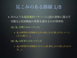見こみのある路線 1/3
• 次のような超語彙的パターンに(語の意味に還元不
可能な) 状況喚起の効果を認めるのが効率的
(5) X1 は壁にかかっていた
• X1の典型的な実現値は {(その)絵, (その) 服, (その) コート,
(その) 帽子, ...}
(6) X2 は医者にかかっていた
• X2の典型的な実現値は {その人, 彼, 彼女, (その)男, (その) 少
年, ...}
 