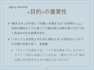 nlp14 tutorial
<目的>の重要性
❖ “捕まえ手 x が手段 z で対象 y を捕まえる” の用例の x, y, z
名詞の意味タイプに基づく分類は単に効率が悪いだけでな
く見当はずれな結果を生む
❖ “ x が z で y を目的 p のために捕まえる” の目的のレベルで
の分類が効率が良く，有意義
❖ 「チャンスを捕まえる」「イイ男を捕まえる」などのメ
タファー用法に拡張しているのは，<捕まえ手 x が, 動的
対象 y を利用するために捕まえる>の方だけ
12
 