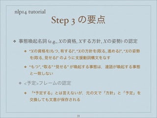 nlp14 tutorial
Step 3 の要点
❖ 事態喚起名詞 (e.g., Xの資格, Xする方針, Xの姿勢) の認定
❖ “Xの資格を{もつ, 有する}”, “Xの方針を{取る, 進める}”, “Xの姿勢
を{取る, 見せる}” のように支援動詞構文をなす
❖ “もつ”, “取る” “見せる” が喚起する事態は，連語が喚起する事態
と一致しない
❖ <予定>フレームの認定
❖ 「*予定する」とは言えないが，元の文で「方針」と「予定」を
交換しても文意が保存される
33
 