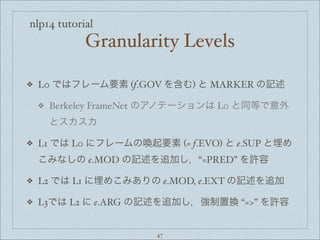 nlp14 tutorial
Granularity Levels
❖ L0 ではフレーム要素 (f.GOV を含む) と MARKER の記述
❖ Berkeley FrameNet のアノテーションは L0 と同等で意外
とスカスカ
❖ L1 では L0 にフレームの喚起要素 (= f.EVO) と e.SUP と埋め
こみなしの e.MOD の記述を追加し，“=PRED” を許容
❖ L2 では L1 に埋めこみありの e.MOD, e.EXT の記述を追加
❖ L3では L2 に e.ARG の記述を追加し，強制置換 “=>” を許容
47
 