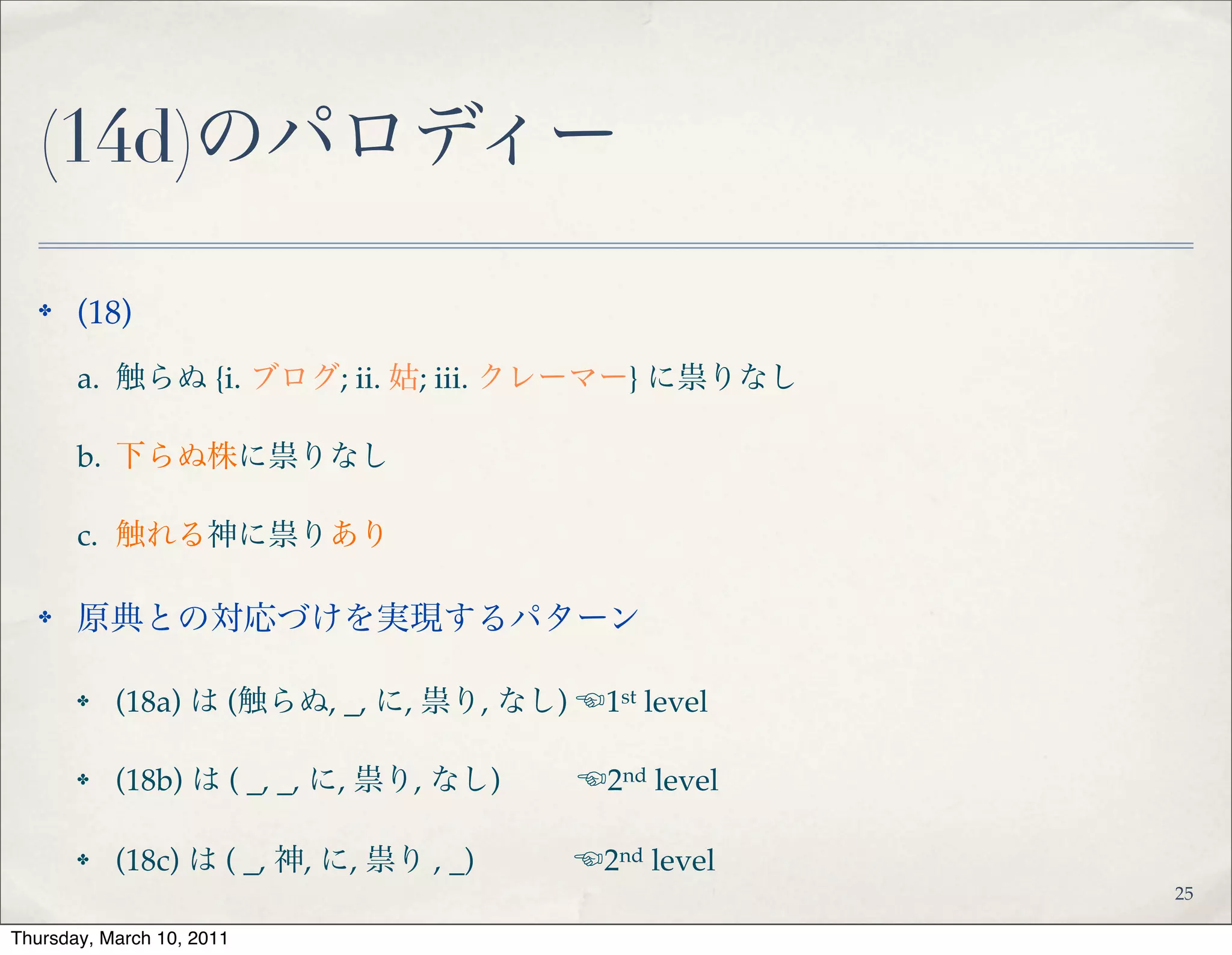 パロディー生成の意味類型
✤ 原典 O のパロディー P への編集を対 e = (o, p) で表わす!
✤ o は原典中の語句で p はパロディー中の語句 (e.g., e = (学問, ダイエット))!
✤ (19)!
✤ a. o と p が同義語 (e.g., (14b) で e = (死人, 死者)!
✤ b. p が o の下位語 (e.g., (14a) で e= (学問, 外国語学習); (14d) で e = (神, クレーマー))!
✤ c. p と o が同類語 (=兄弟語) (e.g., (14b) で e = (看板, 評判), (学問, ダイエット))!
✤ d. p が o の対義語 (e.g., (14b) で e = (王道, 近道); (14c) で e = (なし, あり))!
✤ e. p が o の語呂合わせ (e.g., (14b) で e = (死人, 主任), e= (口, グッチ))
27
 