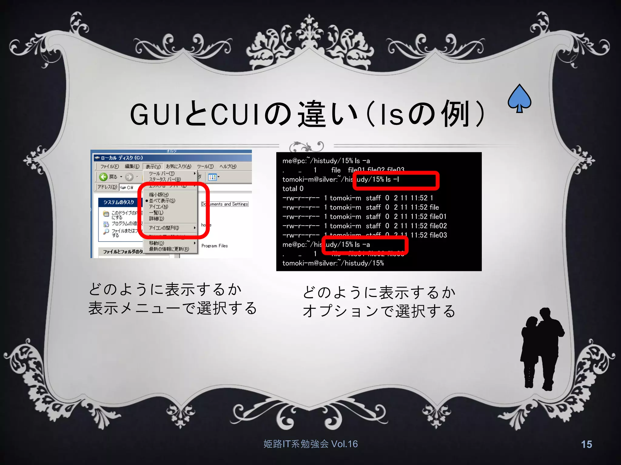GUIとCUIの違い（lsの例）
姫路IT系勉強会 Vol.16 15
me@pc:~/histudy/15% ls -a
. .. 1 file file01 file02 file03
tomoki-m@silver:~/histudy/15% ls -l
total 0
-rw-r--r-- 1 tomoki-m staff 0 2 11 11:52 1
-rw-r--r-- 1 tomoki-m staff 0 2 11 11:52 file
-rw-r--r-- 1 tomoki-m staff 0 2 11 11:52 file01
-rw-r--r-- 1 tomoki-m staff 0 2 11 11:52 file02
-rw-r--r-- 1 tomoki-m staff 0 2 11 11:52 file03
me@pc:~/histudy/15% ls -a
. .. 1 file file01 file02 file03
tomoki-m@silver:~/histudy/15%
どのように表示するか
表示メニューで選択する
どのように表示するか
オプションで選択する
 