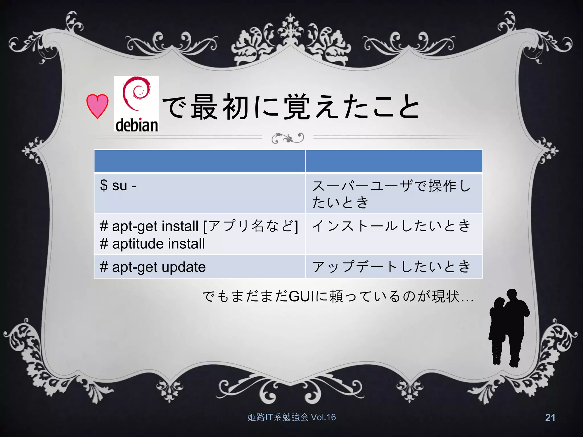 で最初に覚えたこと
姫路IT系勉強会 Vol.16 21
$ su - スーパーユーザで操作し
たいとき
# apt-get install [アプリ名など]
# aptitude install
インストールしたいとき
# apt-get update アップデートしたいとき
でもまだまだGUIに頼っているのが現状…
 