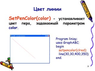 Цвет линии
SetPenColor(color)   - устанавливает
цвет пера,   задаваемый параметром
color.

                      Program liniay;
                      uses GraphABC;
                      begin
                        setpencolor(clred);
                        line(30,30,400,350);
                      end.

                                          9
 