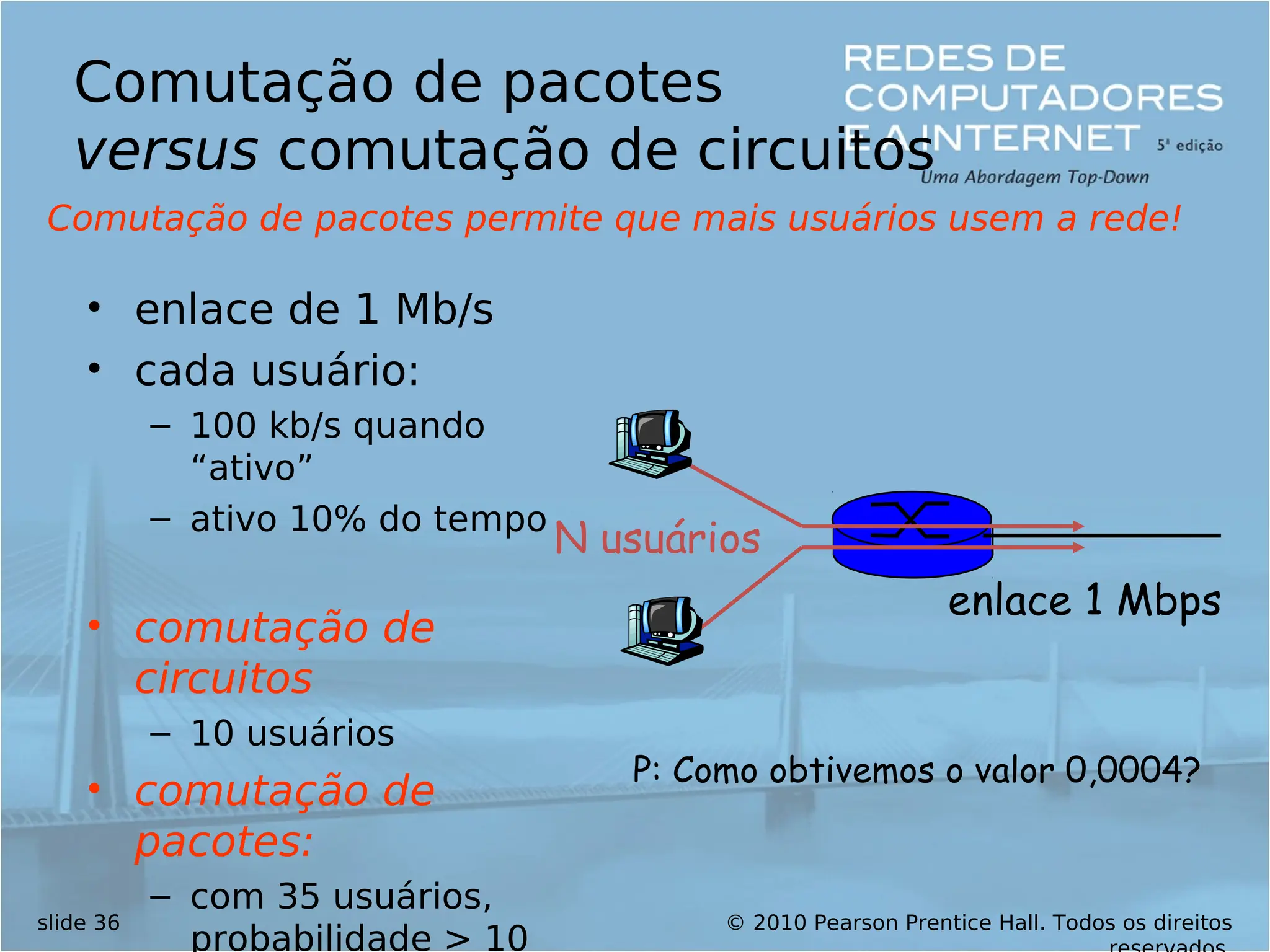 © 2010 Pearson Prentice Hall. Todos os direitos
slide 36
Comutação de pacotes
versus comutação de circuitos
• enlace de 1 Mb/s
• cada usuário:
– 100 kb/s quando
“ativo”
– ativo 10% do tempo
• comutação de
circuitos
– 10 usuários
• comutação de
pacotes:
– com 35 usuários,
probabilidade > 10
Comutação de pacotes permite que mais usuários usem a rede!
N usuários
enlace 1 Mbps
P: Como obtivemos o valor 0,0004?
 