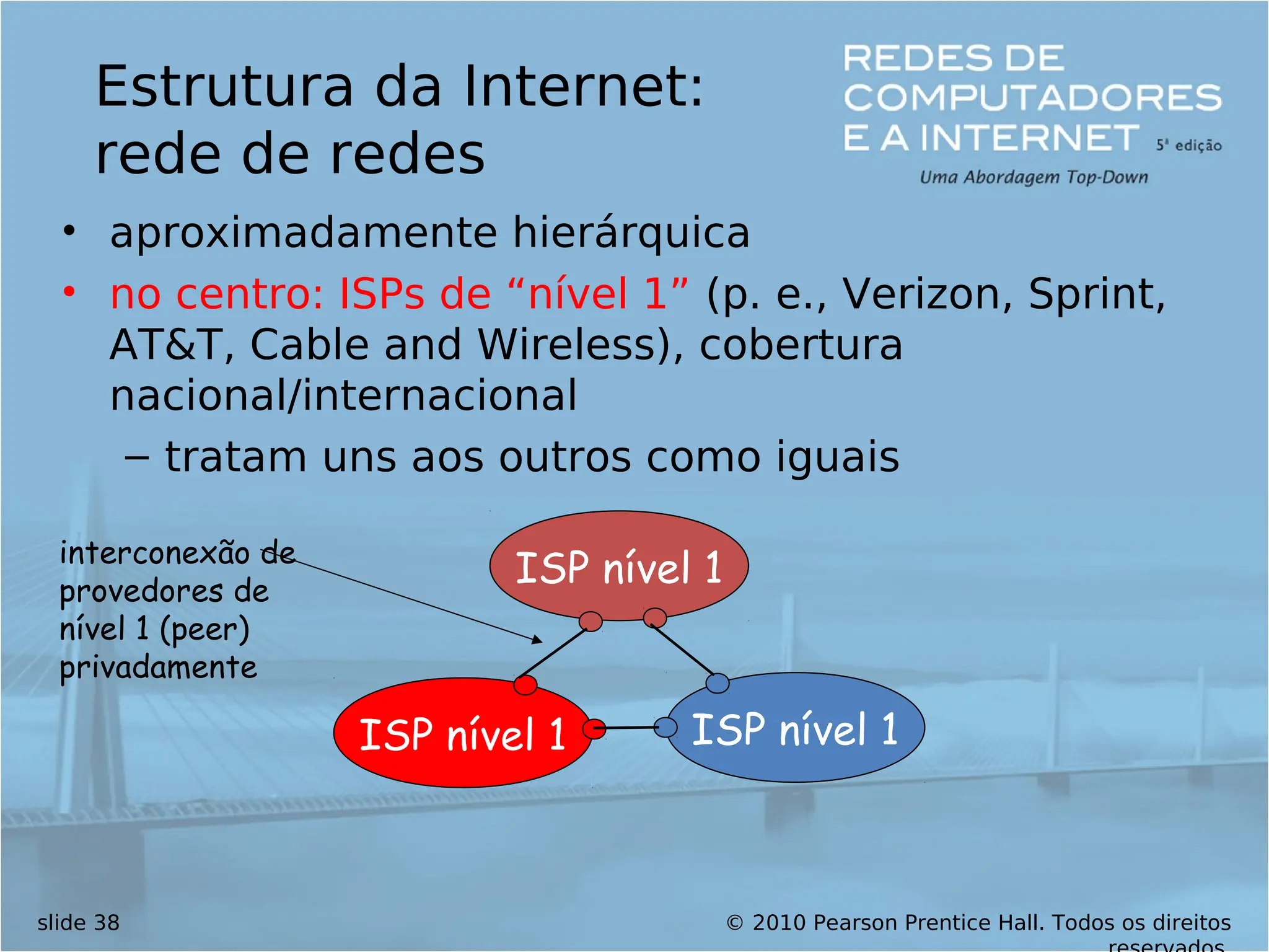 © 2010 Pearson Prentice Hall. Todos os direitos
slide 38
Estrutura da Internet:
rede de redes
• aproximadamente hierárquica
• no centro: ISPs de “nível 1” (p. e., Verizon, Sprint,
AT&T, Cable and Wireless), cobertura
nacional/internacional
– tratam uns aos outros como iguais
ISP nível 1
ISP nível 1
ISP nível 1
interconexão de
provedores de
nível 1 (peer)
privadamente
 