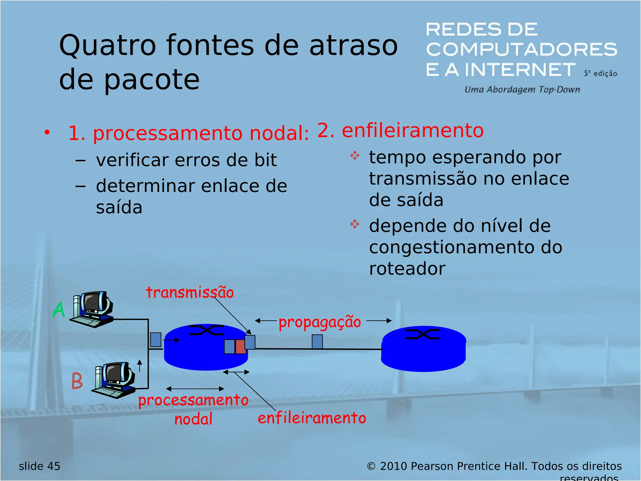 © 2010 Pearson Prentice Hall. Todos os direitos
slide 45
Quatro fontes de atraso
de pacote
• 1. processamento nodal:
– verificar erros de bit
– determinar enlace de
saída
A
B
propagação
transmissão
processamento
nodal enfileiramento
2. enfileiramento
 tempo esperando por
transmissão no enlace
de saída
 depende do nível de
congestionamento do
roteador
 