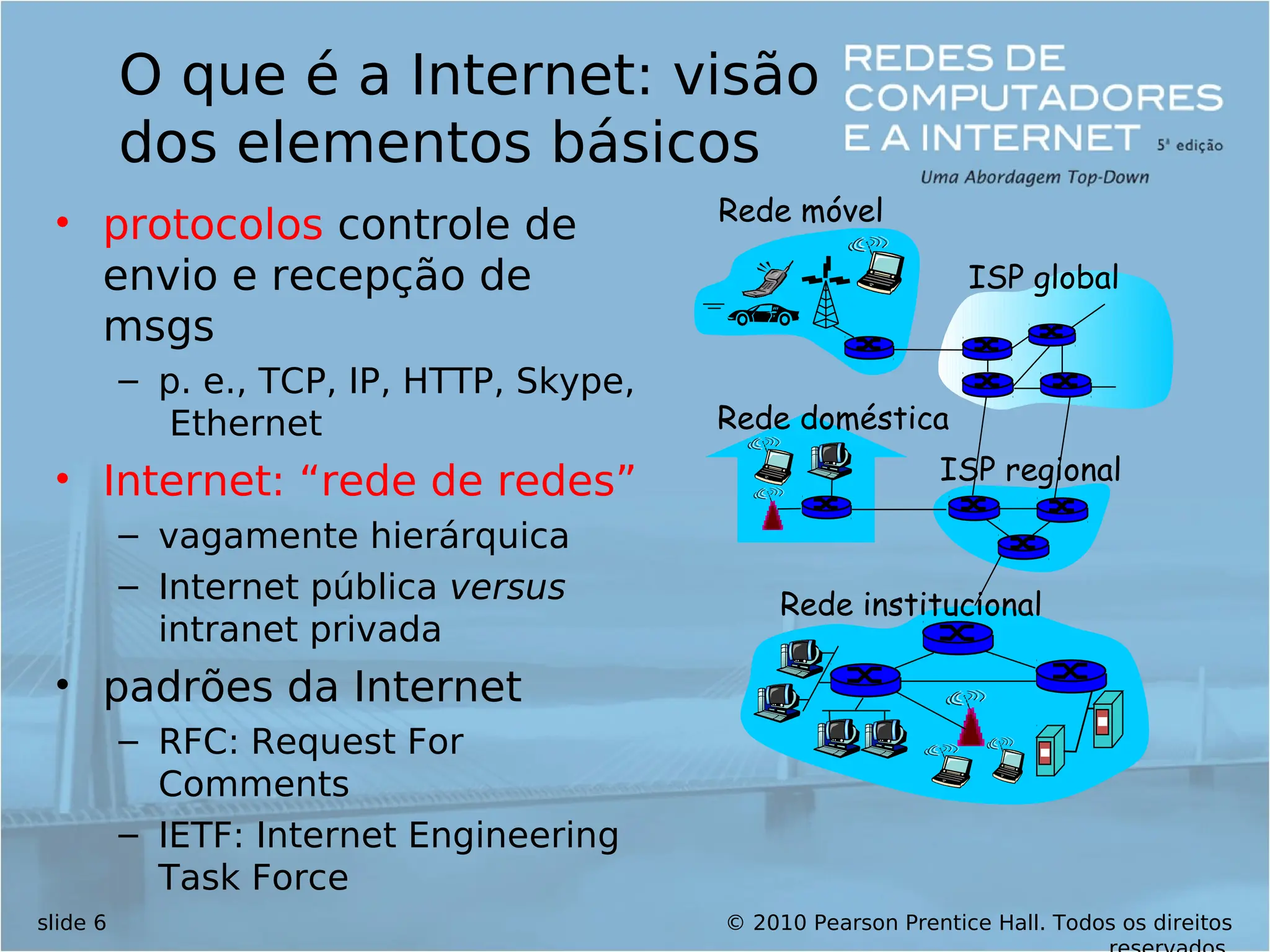 © 2010 Pearson Prentice Hall. Todos os direitos
slide 6
O que é a Internet: visão
dos elementos básicos
• protocolos controle de
envio e recepção de
msgs
– p. e., TCP, IP, HTTP, Skype,
Ethernet
• Internet: “rede de redes”
– vagamente hierárquica
– Internet pública versus
intranet privada
• padrões da Internet
– RFC: Request For
Comments
– IETF: Internet Engineering
Task Force
Rede doméstica
Rede institucional
Rede móvel
ISP global
ISP regional
 