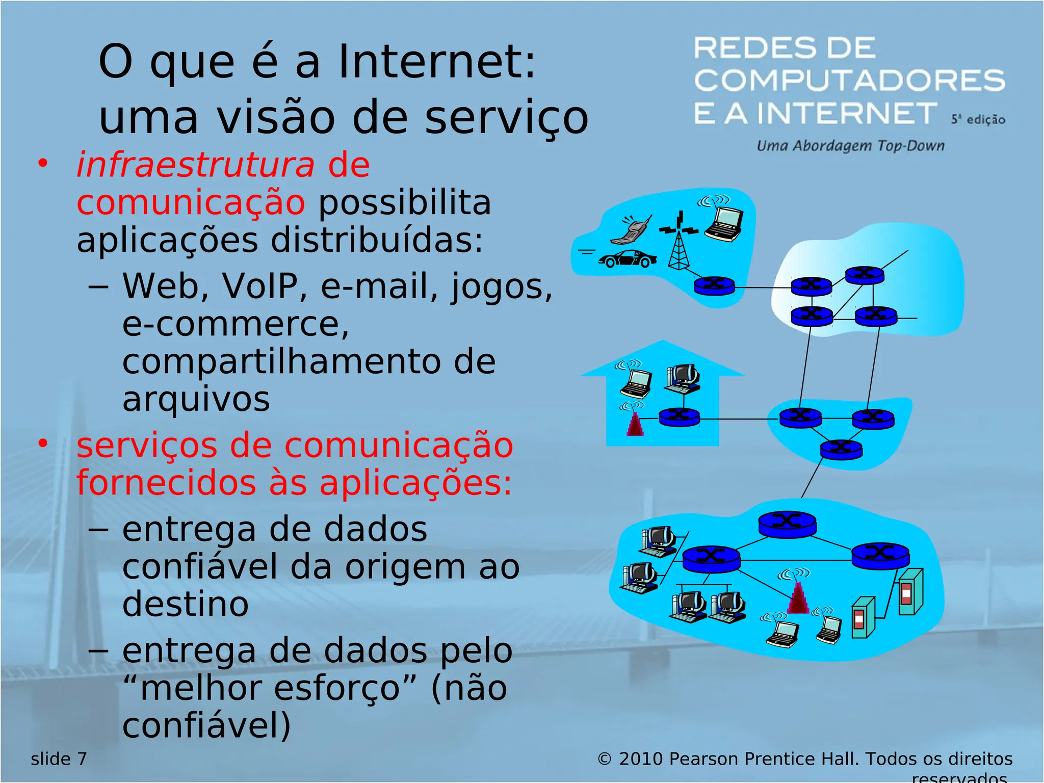 © 2010 Pearson Prentice Hall. Todos os direitos
slide 7
O que é a Internet:
uma visão de serviço
• infraestrutura de
comunicação possibilita
aplicações distribuídas:
– Web, VoIP, e-mail, jogos,
e-commerce,
compartilhamento de
arquivos
• serviços de comunicação
fornecidos às aplicações:
– entrega de dados
confiável da origem ao
destino
– entrega de dados pelo
“melhor esforço” (não
confiável)
 