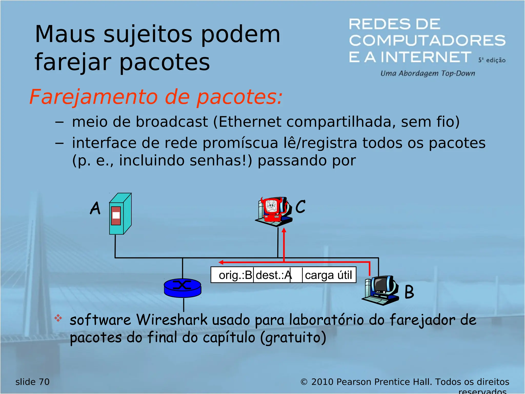 © 2010 Pearson Prentice Hall. Todos os direitos
slide 70
Maus sujeitos podem
farejar pacotes
Farejamento de pacotes:
– meio de broadcast (Ethernet compartilhada, sem fio)
– interface de rede promíscua lê/registra todos os pacotes
(p. e., incluindo senhas!) passando por
A
B
C
orig.:B dest.:A carga útil
 software Wireshark usado para laboratório do farejador de
pacotes do final do capítulo (gratuito)
 