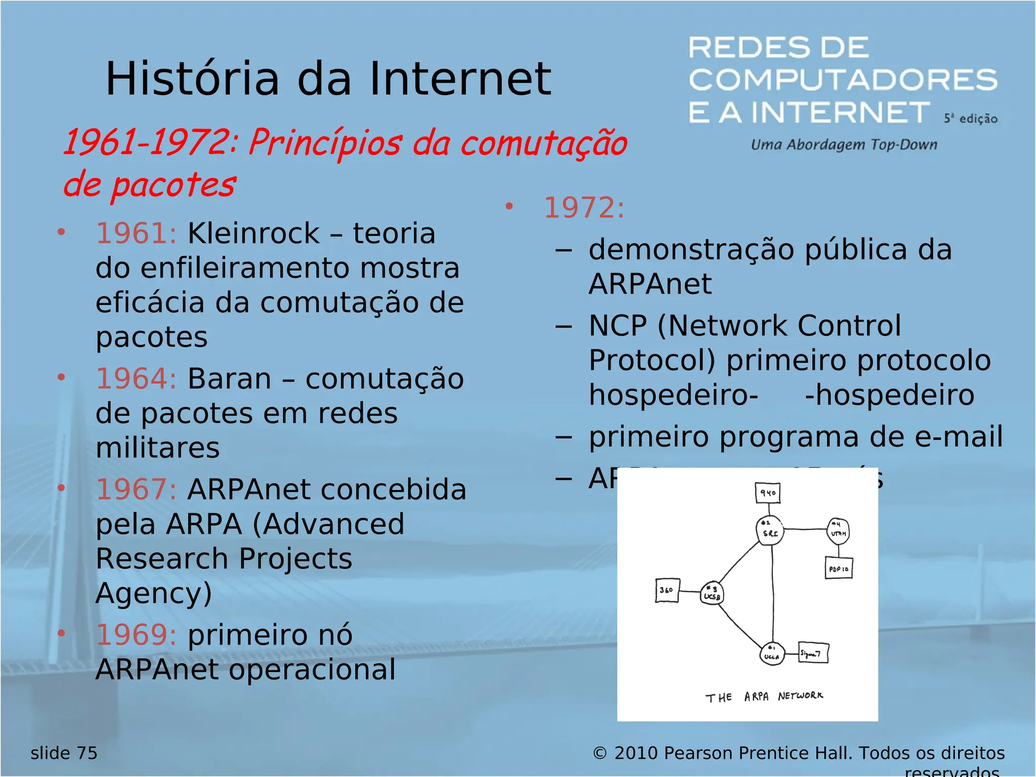 © 2010 Pearson Prentice Hall. Todos os direitos
slide 75
História da Internet
• 1961: Kleinrock – teoria
do enfileiramento mostra
eficácia da comutação de
pacotes
• 1964: Baran – comutação
de pacotes em redes
militares
• 1967: ARPAnet concebida
pela ARPA (Advanced
Research Projects
Agency)
• 1969: primeiro nó
ARPAnet operacional
• 1972:
– demonstração pública da
ARPAnet
– NCP (Network Control
Protocol) primeiro protocolo
hospedeiro- -hospedeiro
– primeiro programa de e-mail
– ARPAnet tem 15 nós
1961-1972: Princípios da comutação
de pacotes
 
