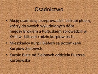 Osadnictwo Akcję osadniczą przeprowadzili biskupi płoccy, którzy do swoich wyludnionych dóbr między Brokiem a Pułtuskiem sprowadzili w  XVIII w. kilkaset rodzin kurpiowskich. Mieszkańcy Kurpii Białych są potomkami Kurpiów Zielonych. Kurpie Białe od Zielonych oddziela Puszcza Kurpiowska 