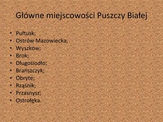 Główne miejscowości Puszczy Białej Pułtusk;  Ostrów Mazowiecka; Wyszków;  Brok;  Długosiodło;  Brańszczyk;  Obryte;  Rząśnik;  Przasnysz; Ostrołęka. 