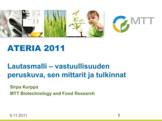 9.11.2011 1
Sirpa Kurppa
MTT Biotechnology and Food Research
ATERIA 2011
Lautasmalli – vastuullisuuden
peruskuva, sen mittarit ja tulkinnat
 