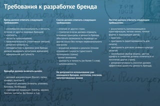Бренд должно отвечать следующим
требованиям:
– своеобразие (оригинальность и легкость,
отличие от других мировых брендов)
– краткость;
– легкость произношения;
– привлекательность (позитивные эмоции);
– репрезентативность;
– неподвластность времени (имя бренда
должно выдержать испытание временем);
– официальная доступность
Требования к разработке бренда
Слоган должен отвечать следующим
требованиям:
– отличие от других стран;
– стратегия (слоган должен отражать
основные принципы и ценности бренда,
обеспечить возможность перевода на
другие языки без потери первоначального
значения);
– внушение доверия и реализм (точное
отражение сущности туристского
потенциала страны);
- захват внимания;
– краткость и точность (не более 5 слов);
– запоминаемость.
Логотип должен отвечать следующим
требованиям:
– различимость (запоминающаяся
идентификация, четкие линии, точные
формы и подходящие цвета);
– простота ;
– пригодность (адаптированность для
печати);
– пригодность для всех целевых культур/
религий;
– своеобразие (выбор формы, цветов,
шрифта и символов должны отличаться от
логотипов других стран);
– репрезентативность (логотип должен
эффективно доносить ценность бренда).
Брендбук должен включать дизайн:
– деловой документации (буклет, папка,
конверт, проспект);
– наружной рекламы (плакаты, упаковка,
баннеры, билборды);
– сувенирной продукции (пакеты, кружки,
брелки, магниты, футболки и .т.д).
Не допускается использование уже
имеющихся брендов, логотипов, слоганов,
запатентованных знаков
 