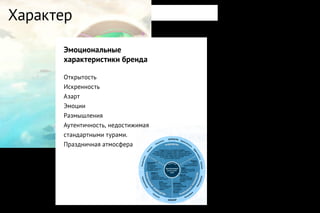 Эмоциональные
характеристики бренда
Открытость
Искренность
Азарт
Эмоции
Размышления
Аутентичность, недостижимая
стандартными турами.
Праздничная атмосфера
Больше хаоса, плюрализма, интуиции,
иронии, символичности
Эстетика возвышенного
Характер
 