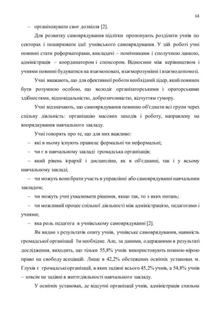 14
– організовувати своє дозвілля [2].
Для розвитку самоврядування підлітки пропонують розділити учнів по
секторах і поширювати ідеї учнівського самоврядування. У цій роботі учні
повинні стати реформаторами, викладачі – помічниками і сполучною ланкою,
адміністрація – координатором і спонсором. Відносини між керівництвом і
учнями повинні будуватися на взаємоповазі, взаєморозумінні і взаємодопомозі.
Учні вважають, що для ефективної роботинеобхіднийлідер, якийповинен
бути розумною особою, що володіє організаторськими і ораторськими
здібностями, відповідальністю, доброзичливістю, відчуттям гумору.
Учні відзначають, що самоврядування повинно об'єднати всі групи через
спільну діяльність: організацію масових заходів і роботу, направлену на
впорядкування навчального закладу.
Учні говорять про те, що для них важливо:
– які в ньому існують правила: формальні чи неформальні;
– чи є в навчальному закладі громадська організація;
– який рівень ієрархії і дисципліни, як в об'єднанні, так і у всьому
навчальному закладі;
– чи можуть вонибрати участь в управлінні або самоврядуваннінавчальним
закладом;
– чи можуть учні ухвалювати рішення, якщо так, то з яких питань;
– чи можливий процес спільної діяльності між адміністрацією, педагогами і
учнями;
– яка роль педагога в учнівському самоврядуванні [2].
Як видно з результатів опиту учнів, учнівське самоврядування, наявність
громадської організації їм необхідне. Але, за даними, одержаними в результаті
дослідження, виходить, що тільки 55,8% учнів використовують повною мірою
право на свободу асоціацій. Лише в 42,2% обстежених освітніх установах м.
Глухів є громадськіорганізації, в яких задіяні всього 45,2% учнів, а 54,8% учнів
– зовсім не задіяні в життєдіяльності навчального закладу.
У освітніх установах, де відсутні організації учнів, адміністрація схильна
 