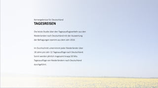 Kernergebnisse für Deutschland
TAGESREISEN
Die letzte Studie über den Tagesausflugsverkehr aus den
Niederlanden nach Deutschland mit der Auswertung
der Befragungen stammt aus dem Jahr 2016.
Im Durchschnitt unternimmt jeder Niederländer über
18 Jahre pro Jahr 12 Tagesausflüge nach Deutschland.
Somit werden jährlich insgesamt knapp 50 Mio.
Tagesausflüge von Niederländern nach Deutschland
durchgeführt.
 