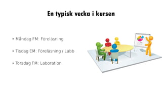 En typisk vecka i kursen
• Måndag FM: Föreläsning
• Tisdag EM: Föreläsning / Labb
• Torsdag FM: Laboration
 
