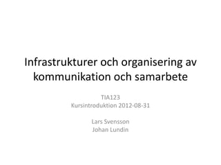 Infrastrukturer och organisering av
  kommunikation och samarbete
                   TIA123
         Kursintroduktion 2012-08-31

                Lars Svensson
                Johan Lundin
 