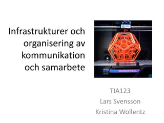 Infrastrukturer och
organisering av
kommunikation
och samarbete
TIA123
Lars Svensson
Kristina Wollentz
 