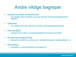www.iktsenteret.no
Andre viktige begreper
• Uønsket hendelse (risikoelement)
– en handling eller hendelse som kan påvirke informasjonssikkerheten
negativt
• Sårbarhet
– en svakhet som kan utnyttes til å bryte informasjonssikkerheten
• Sannsynlighet
– vanligvis hvor ofte en uønsket hendelse forventes å inntreffe
• Konsekvens/skadeomfang
– økonomi, omdømme, personvern, kritiske funksjoner, rettslig påtale, o.l.
• Risikofaktor
– produktet av sannsynlighet og konsekvens
 