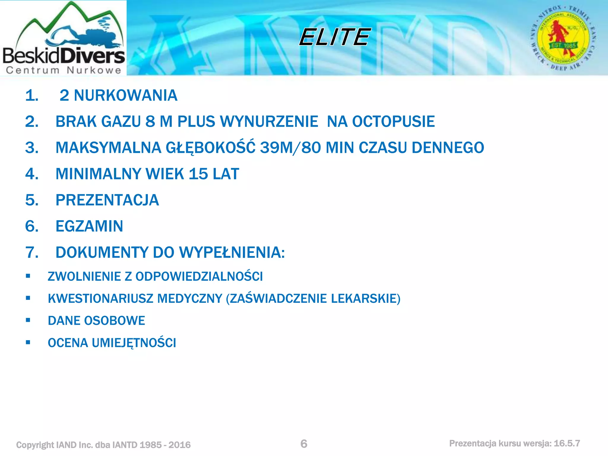 Kurs nurkowy elite diver prezenatcja BeskidDivers