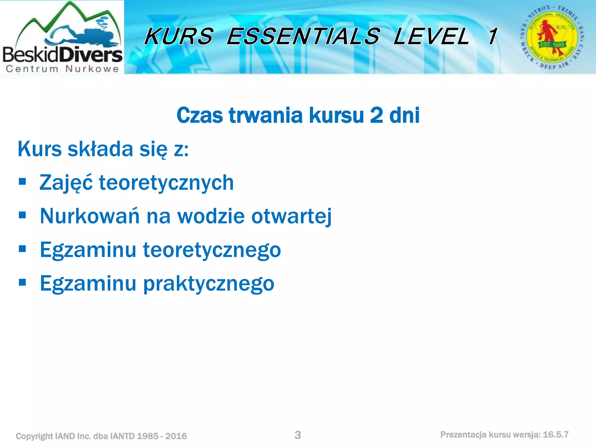 Kurs nurkowy specjalizacja essentials l 1 prezentacja beskiddivers