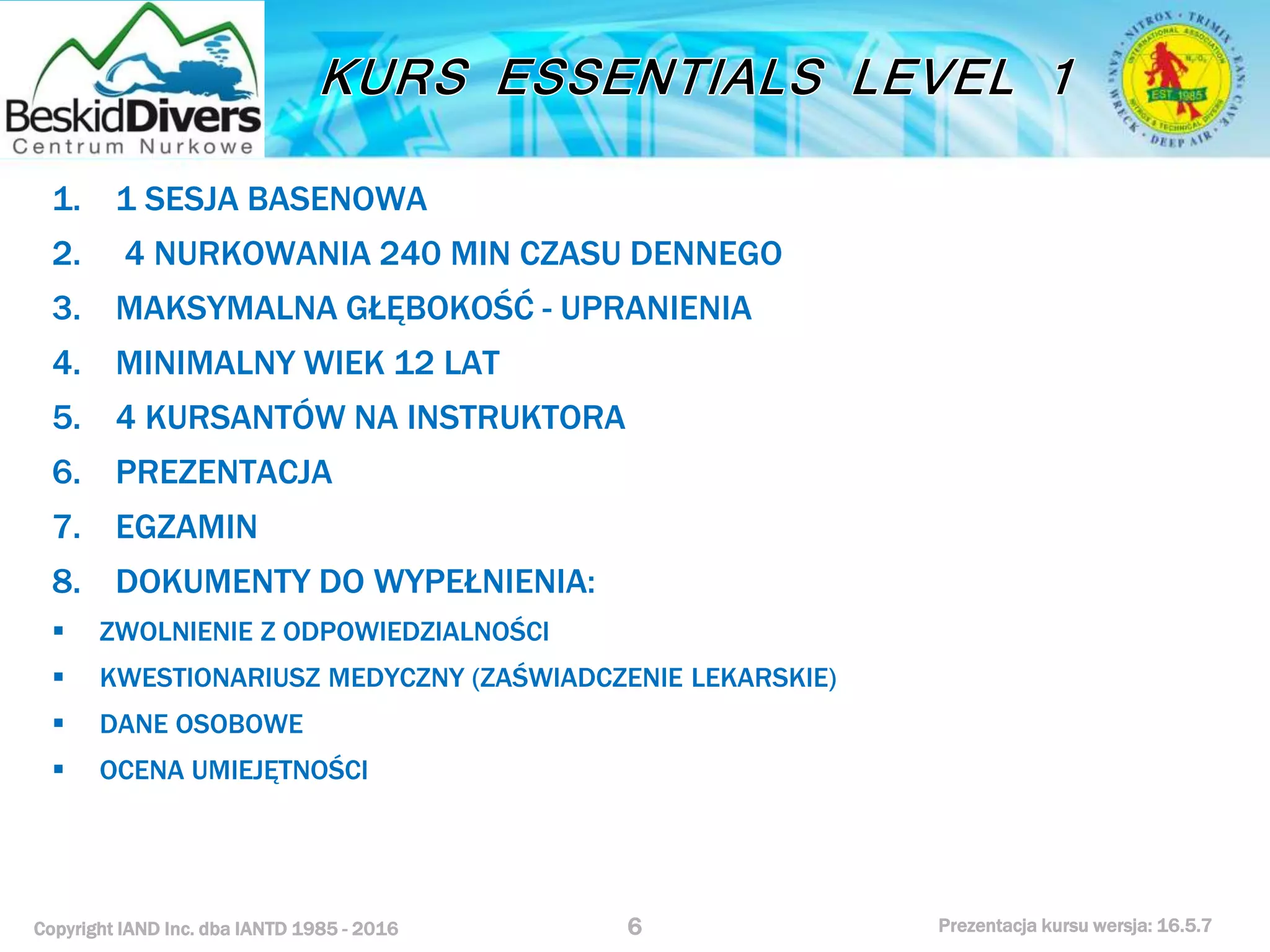 Kurs nurkowy specjalizacja essentials l 1 prezentacja beskiddivers