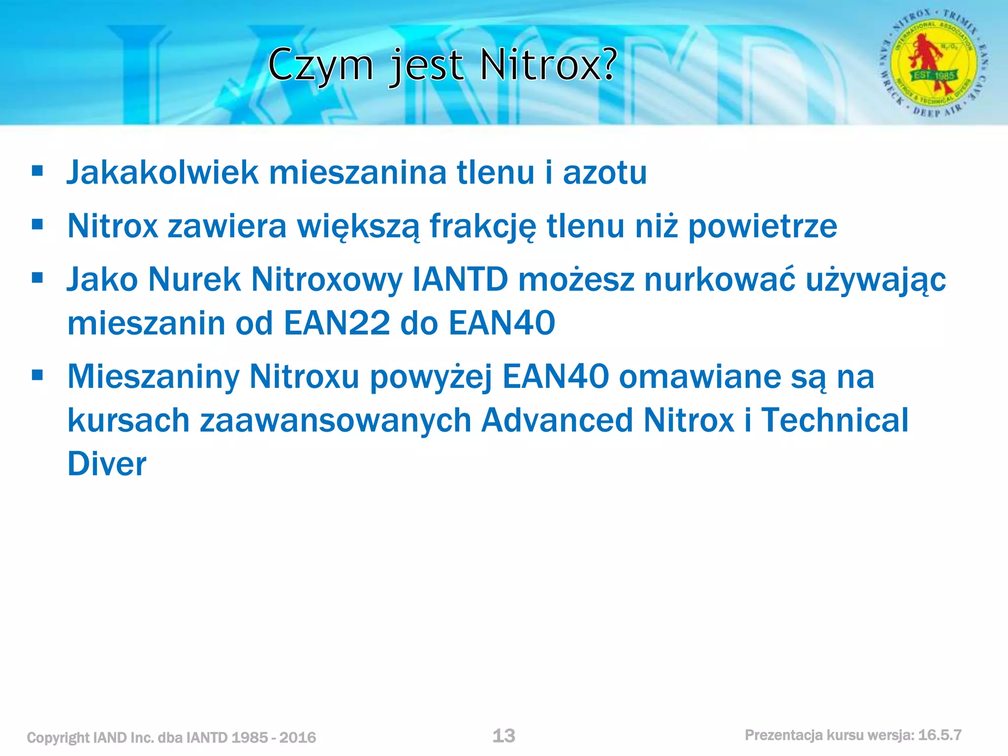 Kurs nurkowy specjalizacja nitrox prezentacja iantd