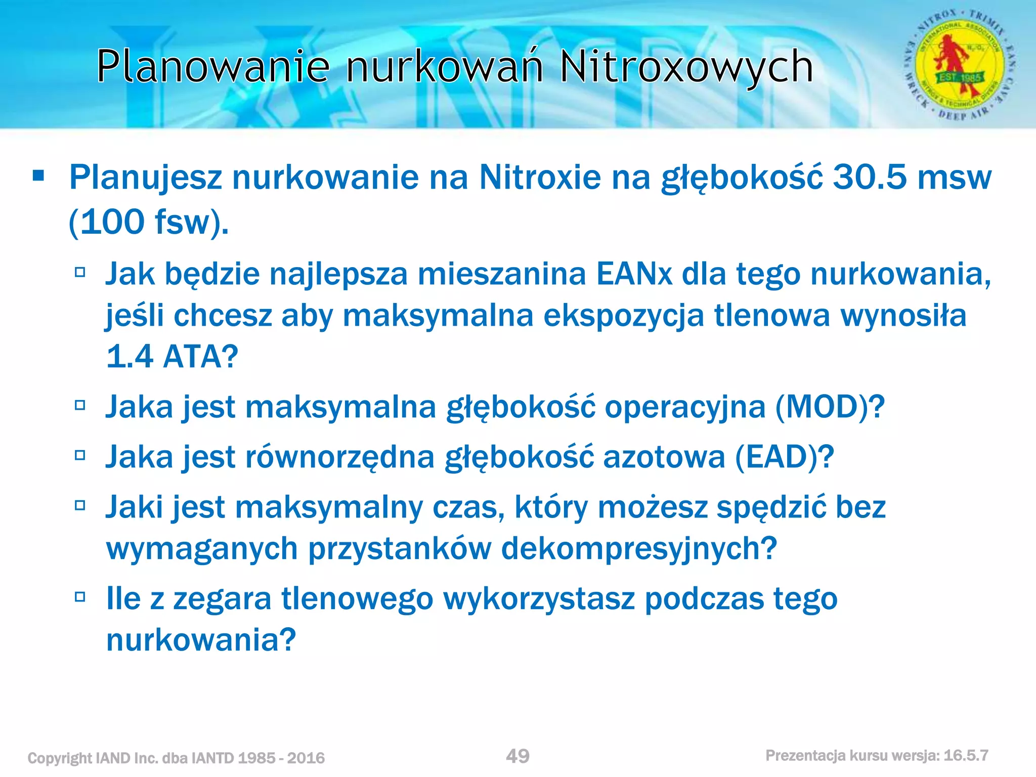 Kurs nurkowy specjalizacja nitrox prezentacja iantd