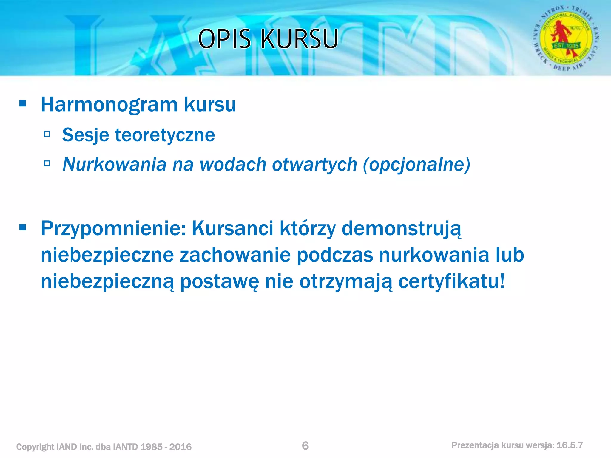 Kurs nurkowy specjalizacja nitrox prezentacja iantd