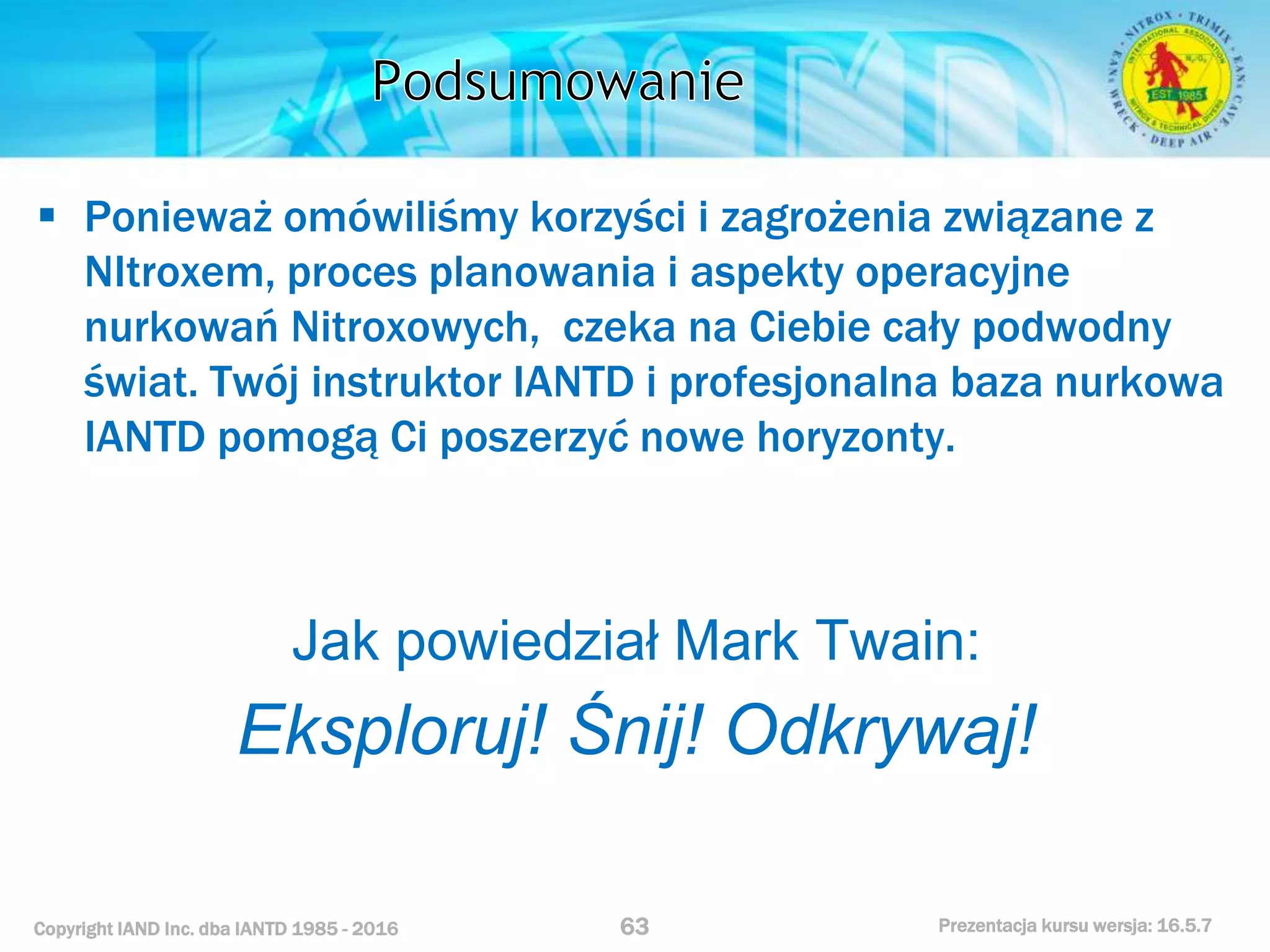 Kurs nurkowy specjalizacja nitrox prezentacja iantd