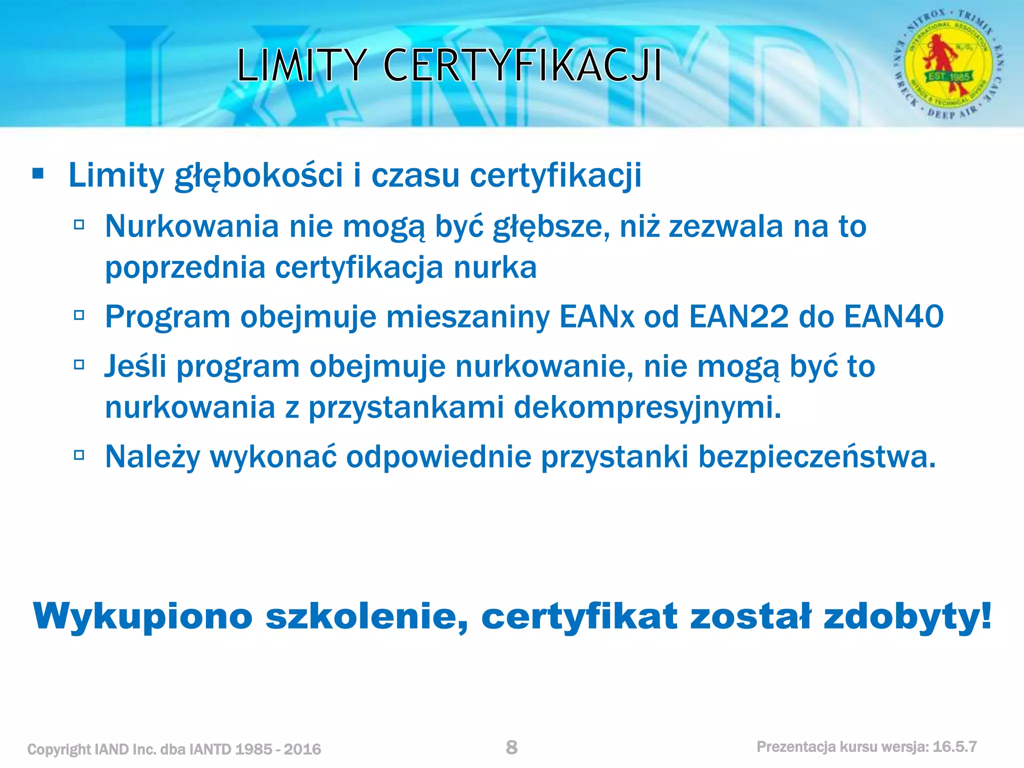 Kurs nurkowy specjalizacja nitrox prezentacja iantd