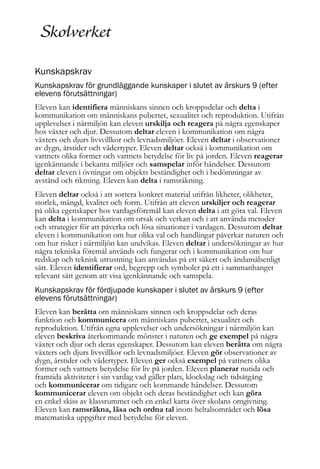 Kunskapskrav
Kunskapskrav för grundläggande kunskaper i slutet av årskurs 9 (efter
elevens förutsättningar)
Eleven kan identifiera människans sinnen och kroppsdelar och delta i
kommunikation om människans pubertet, sexualitet och reproduktion. Utifrån
upplevelser i närmiljön kan eleven urskilja och reagera på några egenskaper
hos växter och djur. Dessutom deltar eleven i kommunikation om några
växters och djurs livsvillkor och levnadsmiljöer. Eleven deltar i observationer
av dygn, årstider och vädertyper. Eleven deltar också i kommunikation om
vattnets olika former och vattnets betydelse för liv på jorden. Eleven reagerar
igenkännande i bekanta miljöer och samspelar inför händelser. Dessutom
deltar eleven i övningar om objekts beständighet och i bedömningar av
avstånd och riktning. Eleven kan delta i ramsräkning.
Eleven deltar också i att sortera konkret material utifrån likheter, olikheter,
storlek, mängd, kvalitet och form. Utifrån att eleven urskiljer och reagerar
på olika egenskaper hos vardagsföremål kan eleven delta i att göra val. Eleven
kan delta i kommunikation om orsak och verkan och i att använda metoder
och strategier för att påverka och lösa situationer i vardagen. Dessutom deltar
eleven i kommunikation om hur olika val och handlingar påverkar naturen och
om hur risker i närmiljön kan undvikas. Eleven deltar i undersökningar av hur
några tekniska föremål används och fungerar och i kommunikation om hur
redskap och teknisk utrustning kan användas på ett säkert och ändamålsenligt
sätt. Eleven identifierar ord, begrepp och symboler på ett i sammanhanget
relevant sätt genom att visa igenkännande och samspela.
Kunskapskrav för fördjupade kunskaper i slutet av årskurs 9 (efter
elevens förutsättningar)
Eleven kan berätta om människans sinnen och kroppsdelar och deras
funktion och kommunicera om människans pubertet, sexualitet och
reproduktion. Utifrån egna upplevelser och undersökningar i närmiljön kan
eleven beskriva återkommande mönster i naturen och ge exempel på några
växter och djur och deras egenskaper. Dessutom kan eleven berätta om några
växters och djurs livsvillkor och levnadsmiljöer. Eleven gör observationer av
dygn, årstider och vädertyper. Eleven ger också exempel på vattnets olika
former och vattnets betydelse för liv på jorden. Eleven planerar nutida och
framtida aktiviteter i sin vardag vad gäller plats, klockslag och tidsåtgång
och kommunicerar om tidigare och kommande händelser. Dessutom
kommunicerar eleven om objekt och deras beständighet och kan göra
en enkel skiss av klassrummet och en enkel karta över skolans omgivning.
Eleven kan ramsräkna, läsa och ordna tal inom heltalsområdet och lösa
matematiska uppgifter med betydelse för eleven.

 
