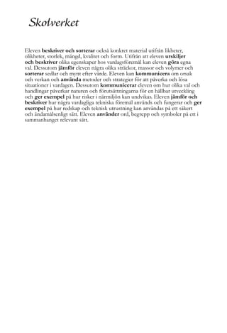 Eleven beskriver och sorterar också konkret material utifrån likheter,
olikheter, storlek, mängd, kvalitet och form. Utifrån att eleven urskiljer
och beskriver olika egenskaper hos vardagsföremål kan eleven göra egna
val. Dessutom jämför eleven några olika sträckor, massor och volymer och
sorterar sedlar och mynt efter värde. Eleven kan kommunicera om orsak
och verkan och använda metoder och strategier för att påverka och lösa
situationer i vardagen. Dessutom kommunicerar eleven om hur olika val och
handlingar påverkar naturen och förutsättningarna för en hållbar utveckling
och ger exempel på hur risker i närmiljön kan undvikas. Eleven jämför och
beskriver hur några vardagliga tekniska föremål används och fungerar och ger
exempel på hur redskap och teknisk utrustning kan användas på ett säkert
och ändamålsenligt sätt. Eleven använder ord, begrepp och symboler på ett i
sammanhanget relevant sätt.

 