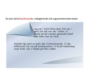 Du kan skriva beskrivande, redogörande och argumenterande texter.
Jag var i Paris förra året. Det var i
april och det var vår i luften. Vi
bodde på ett vackert gammalt hotell
som heter Rue de Paris.
Hotellet låg nära en park där vi promenerade. Vi såg
Eifeltornet och var på konstmuseum. Vi åt på restaurang
varje kväll, och vi fikade på flera caféer.
 
