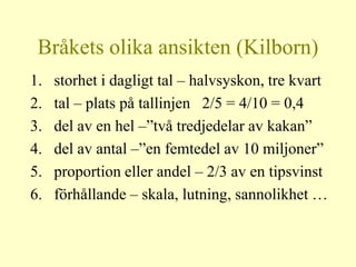 Bråkets olika ansikten (Kilborn)
1.   storhet i dagligt tal – halvsyskon, tre kvart
2.   tal – plats på tallinjen 2/5 = 4/10 = 0,4
3.   del av en hel –”två tredjedelar av kakan”
4.   del av antal –”en femtedel av 10 miljoner”
5.   proportion eller andel – 2/3 av en tipsvinst
6.   förhållande – skala, lutning, sannolikhet …
 